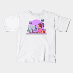 Cute Girl Working On Computer Kids T-Shirt